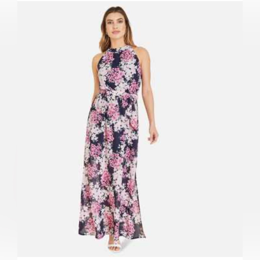 Leslie Fay Gorgeous Chiffony Maxi Dress w/halter sleeves & flowing skirt🔥🔥🔥